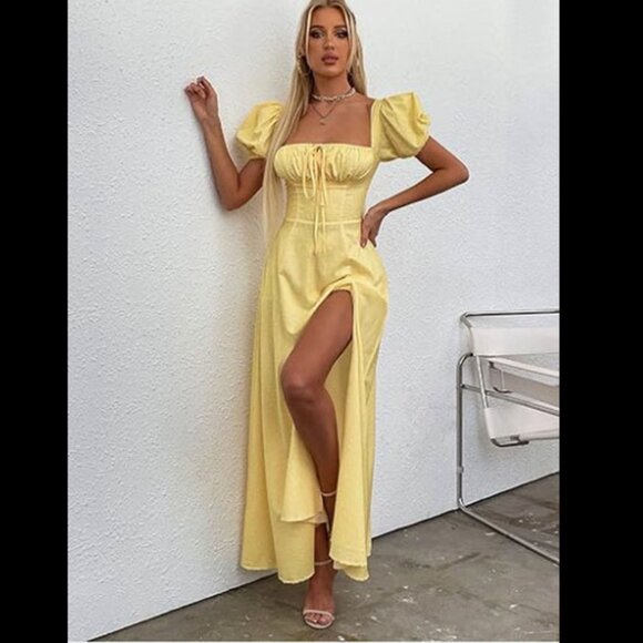 NWT KUTUMAI Puff Sleeve Floral Print Maxi Dress Size Medium Front Slit - Picture 6 of 14